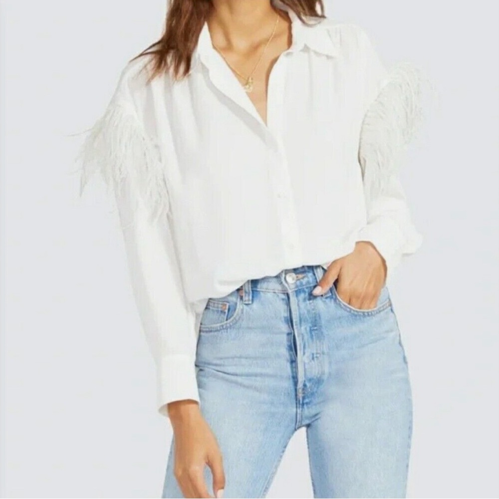 White button up with feather detail